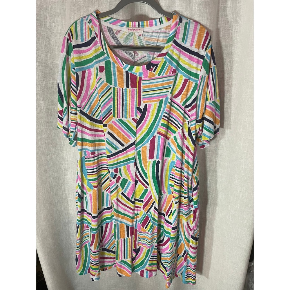 Fresh Produce Colorful Print Cotton Dress Womens 2X Striped Short‎ Sleeve EUC